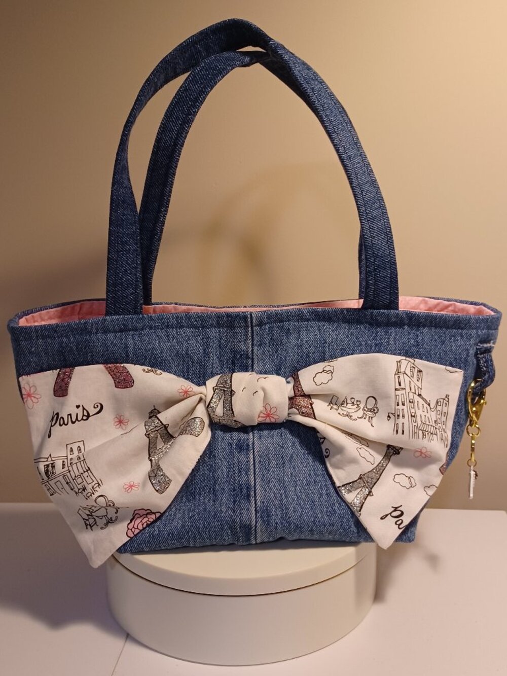 Denim Paris Bow Purse – Upcycled Eiffel Tower Handbag HANDMADE